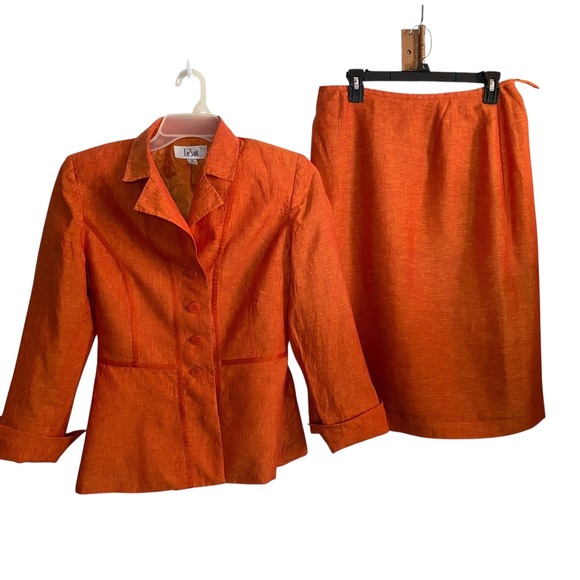 Le Suit Dresses & Skirts - Le Suit Womens 100% Linen Skirt Suit Set 10 Orange Blazer Pencil Skirt 10